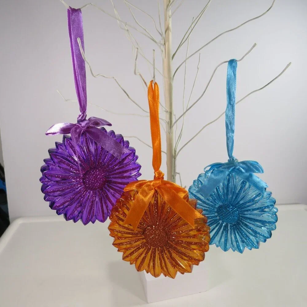 Glittered Flower (3) Ornaments for tree, wall or tucked in arrangements Spring